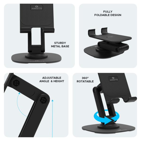 Amkette Ergo 360° Rotation, Foldable Design Mobile Stand with Stable Metallic Round Base, Multiple Height & Angle adjustments Compatible with Smartphones, Tablets, Kindles & iPad, (Black) - Image 4