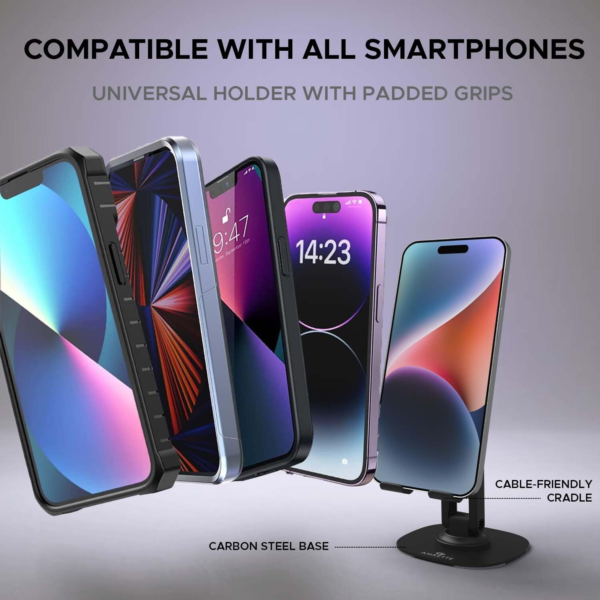 Amkette Ergo 360° Rotation, Foldable Design Mobile Stand with Stable Metallic Round Base, Multiple Height & Angle adjustments Compatible with Smartphones, Tablets, Kindles & iPad, (Black) - Image 6