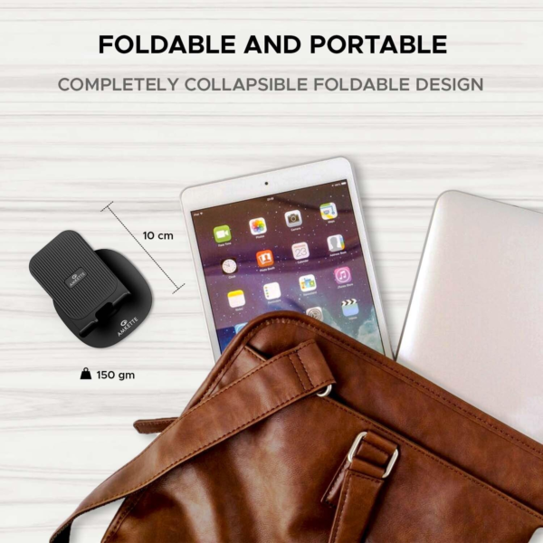 Amkette Ergo 360° Rotation, Foldable Design Mobile Stand with Stable Metallic Round Base, Multiple Height & Angle adjustments Compatible with Smartphones, Tablets, Kindles & iPad, (Black) - Image 3