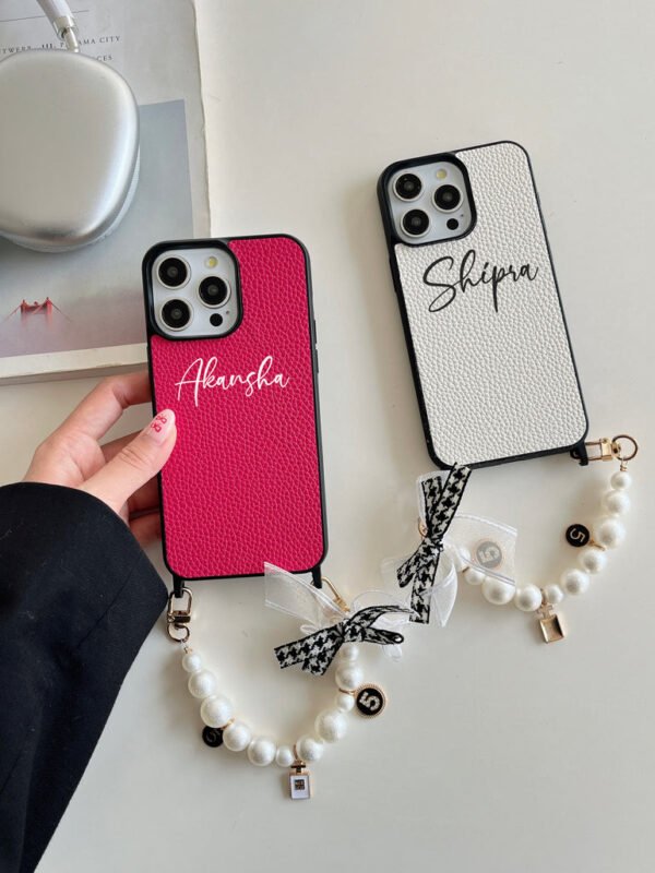Grain Leather Customised iPhone Case with Anti Fall Hand Bracelet - Image 2