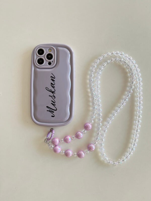 Designer Solid Color Wawy Customised Silicon Case for iPhone With Sling Beaded Chain - Image 2