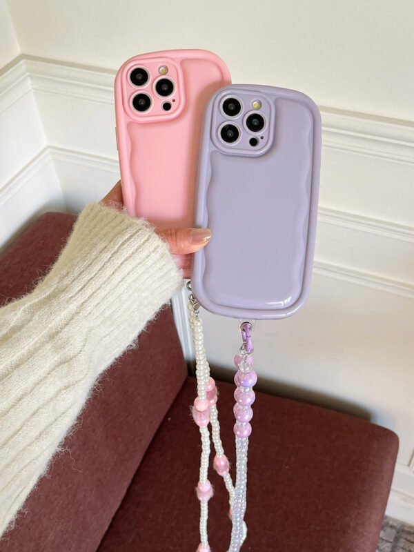 Designer Solid Color Wawy Customised Silicon Case for iPhone With Sling Beaded Chain - Image 9