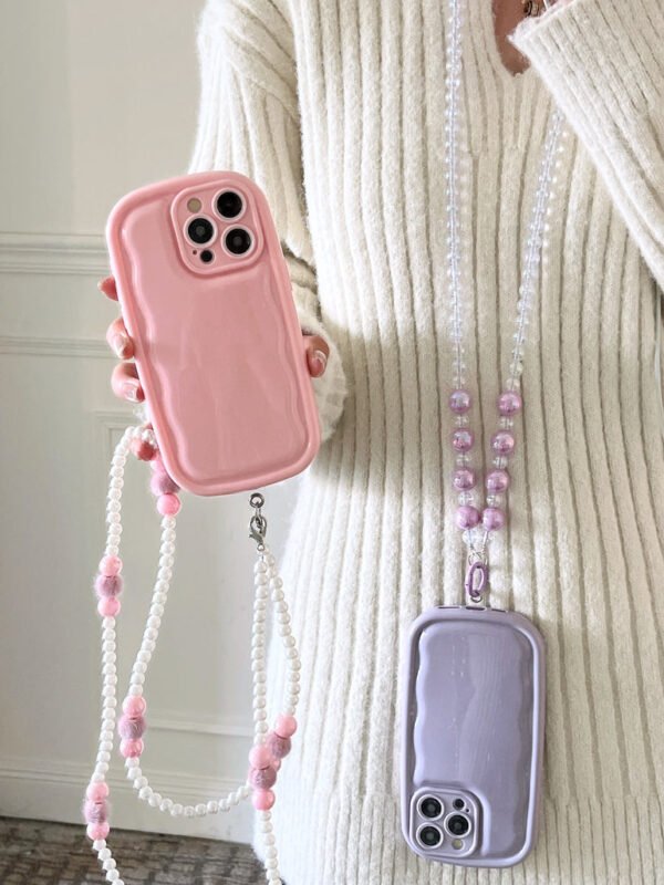 Designer Solid Color Wawy Silicon Case for iPhone With Sling Beaded Chain - Image 2